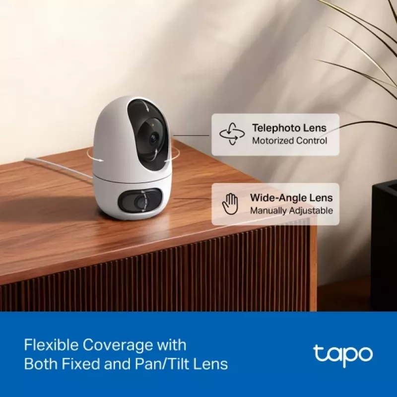 IP apsaugos kamera TP-Link Tapo C245D 2304×1296, 3,1 mm objektyvas, 104,3° horiz., lubų/sienos montavimas, belaidė, vidaus, balta