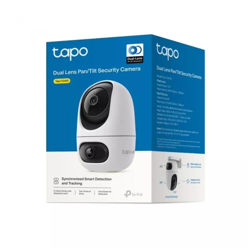 IP apsaugos kamera TP-Link Tapo C245D 2304×1296, 3,1 mm objektyvas, 104,3° horiz., lubų/sienos montavimas, belaidė, vidaus, balta
