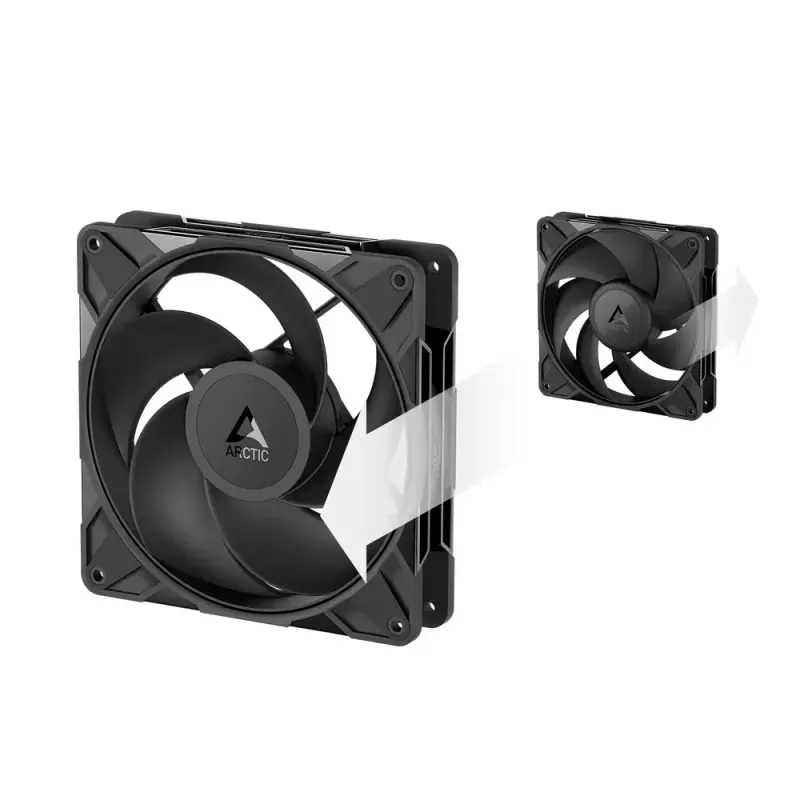 140 mm ventiliatorius Arctic Freezer P14 Pro Reverse — 166.5 m³/h, 5.1 mmH₂O, hidrodinaminis guolis, A‑RGB, PWM, juodas, su laido skirstytuvu