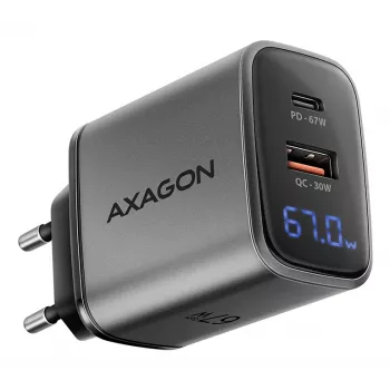 Sieninis įkroviklis AXAGON ACU-PQ67D, 67W, USB-C PD3.0 + USB-A QC4+, 2 išvestys, LCD ekranas, 100–240V