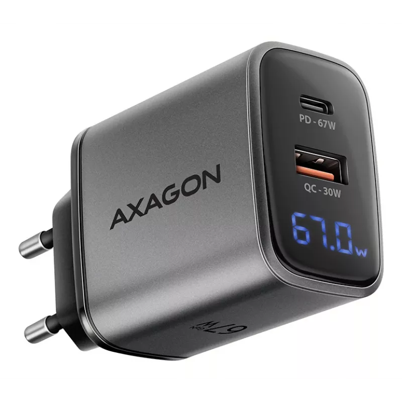 Sieninis įkroviklis AXAGON ACU-PQ67D, 67W, USB-C PD3.0 + USB-A QC4+, 2 išvestys, LCD ekranas, 100–240V