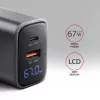 Sieninis įkroviklis AXAGON ACU-PQ67D, 67W, USB-C PD3.0 + USB-A QC4+, 2 išvestys, LCD ekranas, 100–240V
