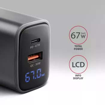 Sieninis įkroviklis AXAGON ACU-PQ67D, 67W, USB-C PD3.0 + USB-A QC4+, 2 išvestys, LCD ekranas, 100–240V