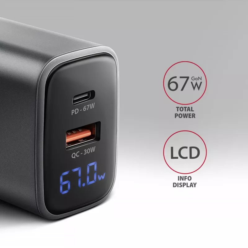 Sieninis įkroviklis AXAGON ACU-PQ67D, 67W, USB-C PD3.0 + USB-A QC4+, 2 išvestys, LCD ekranas, 100–240V