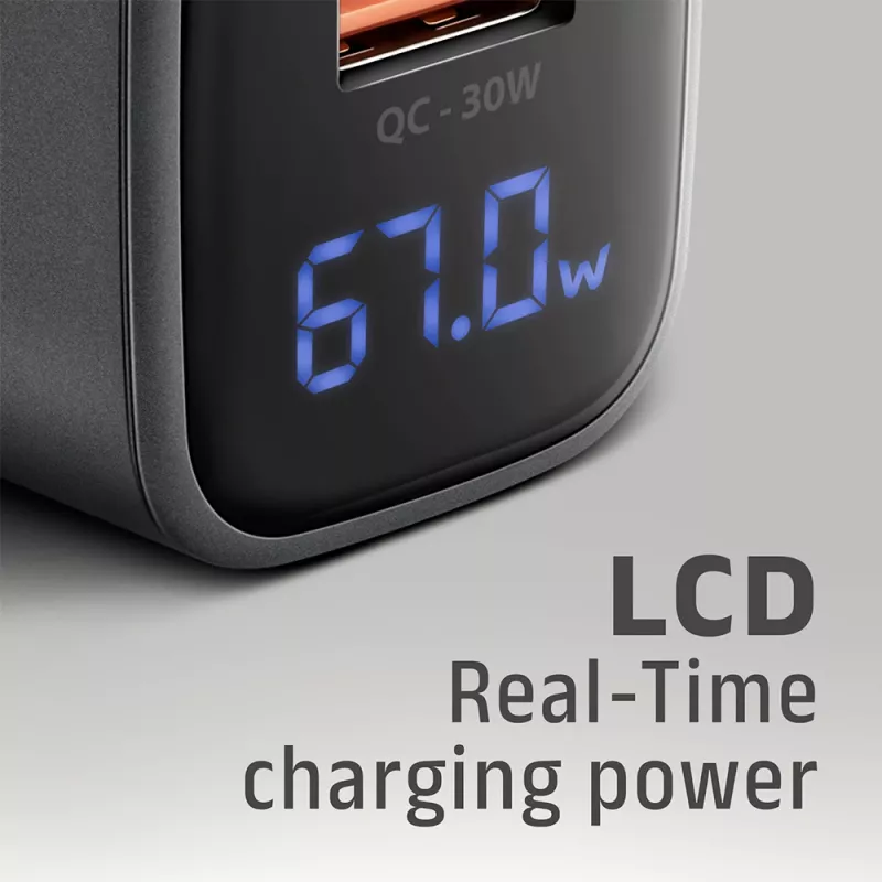 Sieninis įkroviklis AXAGON ACU-PQ67D, 67W, USB-C PD3.0 + USB-A QC4+, 2 išvestys, LCD ekranas, 100–240V