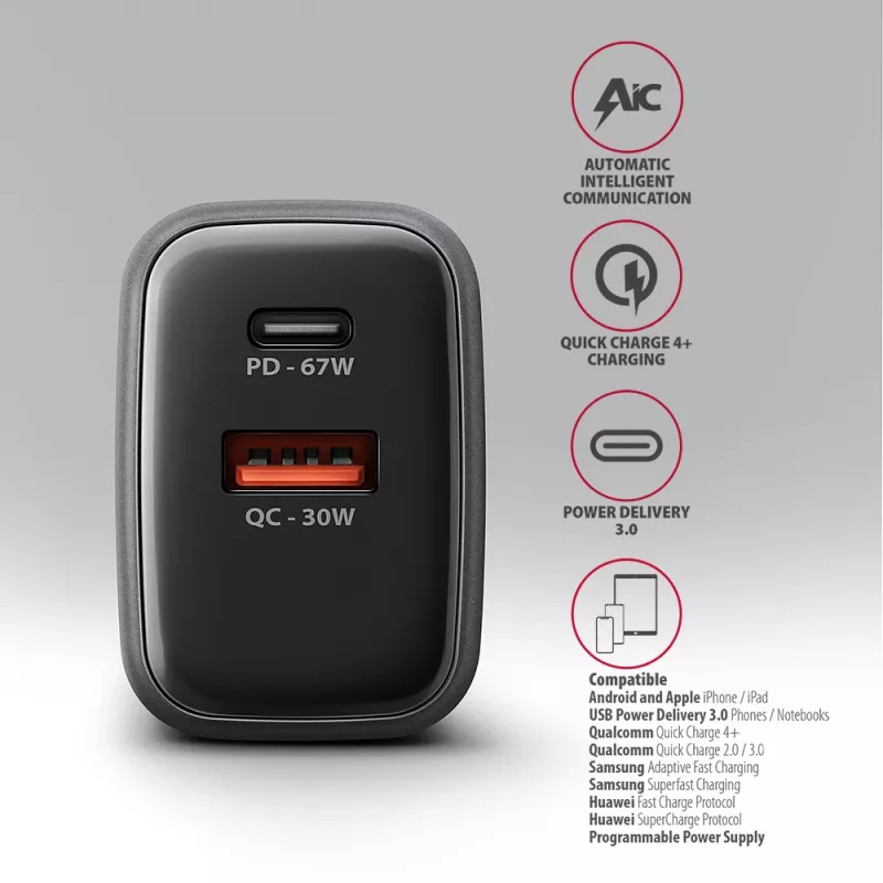 Sieninis įkroviklis AXAGON ACU-PQ67D, 67W, USB-C PD3.0 + USB-A QC4+, 2 išvestys, LCD ekranas, 100–240V