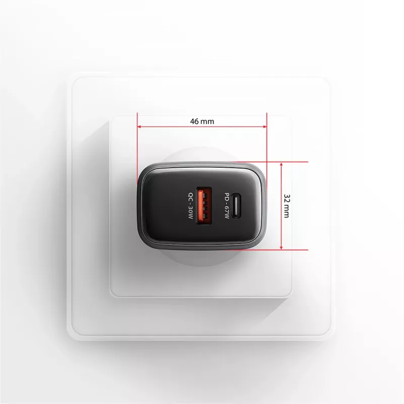 Sieninis įkroviklis AXAGON ACU-PQ67D, 67W, USB-C PD3.0 + USB-A QC4+, 2 išvestys, LCD ekranas, 100–240V