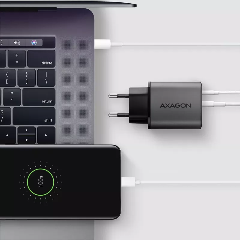 Sieninis įkroviklis AXAGON ACU-PQ67D, 67W, USB-C PD3.0 + USB-A QC4+, 2 išvestys, LCD ekranas, 100–240V