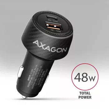 Automobilinis įkroviklis AXAGON PWC-PQ48, 48 W, USB-C (PD3.0) + USB-A (QC4+), įėjimas 12–24 V, juodas