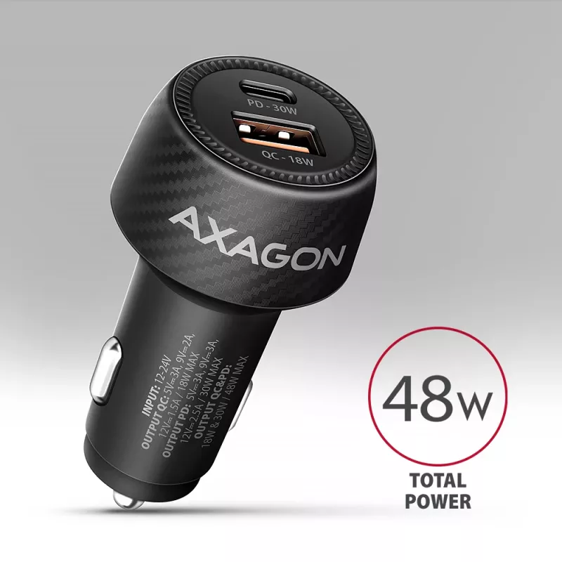 Automobilinis įkroviklis AXAGON PWC-PQ48, 48 W, USB-C (PD3.0) + USB-A (QC4+), įėjimas 12–24 V, juodas