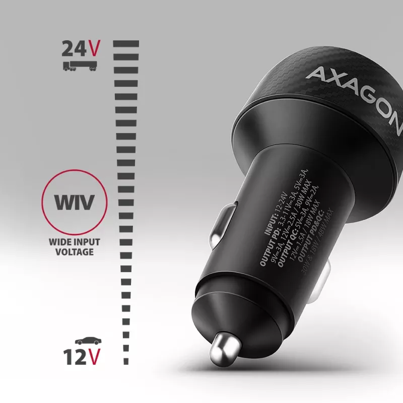 Automobilinis įkroviklis AXAGON PWC-PQ48, 48 W, USB-C (PD3.0) + USB-A (QC4+), įėjimas 12–24 V, juodas