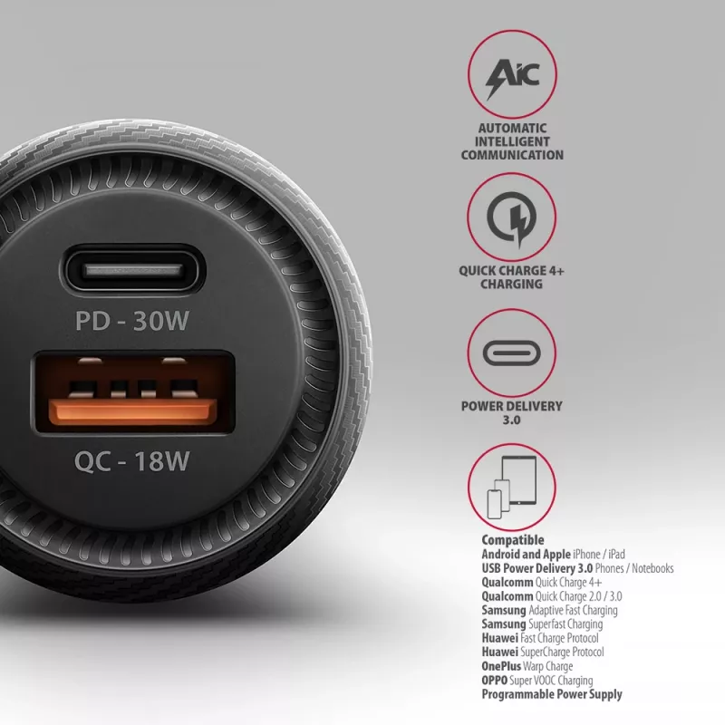 Automobilinis įkroviklis AXAGON PWC-PQ48, 48 W, USB-C (PD3.0) + USB-A (QC4+), įėjimas 12–24 V, juodas