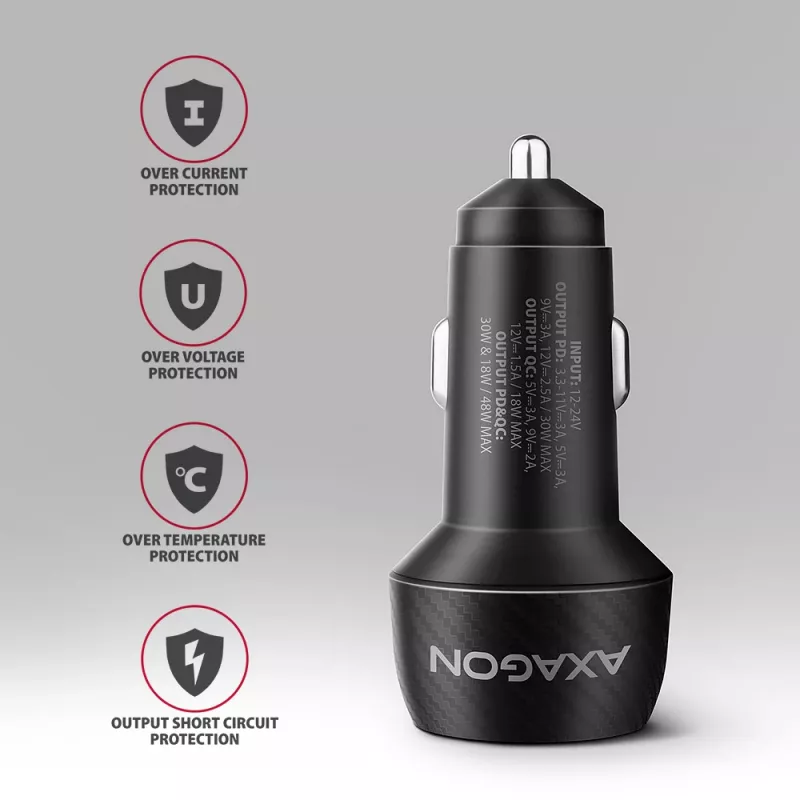 Automobilinis įkroviklis AXAGON PWC-PQ48, 48 W, USB-C (PD3.0) + USB-A (QC4+), įėjimas 12–24 V, juodas