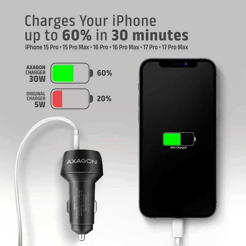 Automobilinis įkroviklis AXAGON PWC-PQ48, 48 W, USB-C (PD3.0) + USB-A (QC4+), įėjimas 12–24 V, juodas