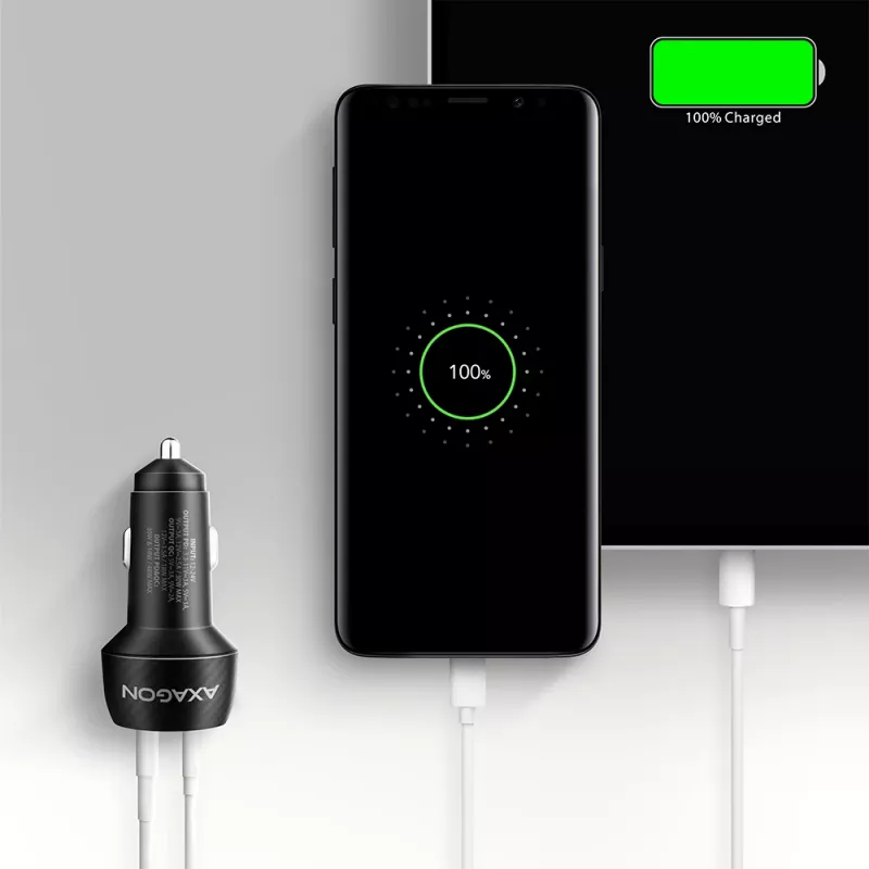 Automobilinis įkroviklis AXAGON PWC-PQ48, 48 W, USB-C (PD3.0) + USB-A (QC4+), įėjimas 12–24 V, juodas