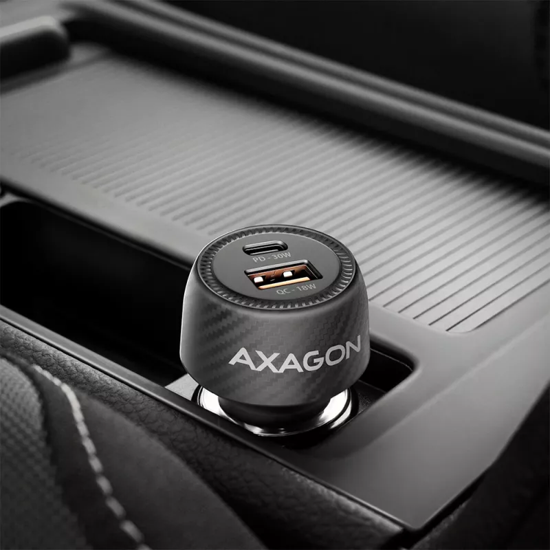 Automobilinis įkroviklis AXAGON PWC-PQ48, 48 W, USB-C (PD3.0) + USB-A (QC4+), įėjimas 12–24 V, juodas