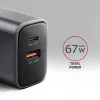 Sieninis įkroviklis AXAGON ACU-PQ67, 67W, PD3.0 + QC4+, 1x USB-C + 1x USB-A, 100–240V, pilka/juoda