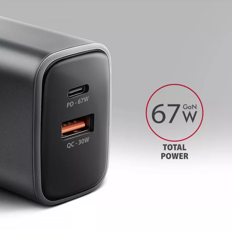 Sieninis įkroviklis AXAGON ACU-PQ67, 67W, PD3.0 + QC4+, 1x USB-C + 1x USB-A, 100–240V, pilka/juoda