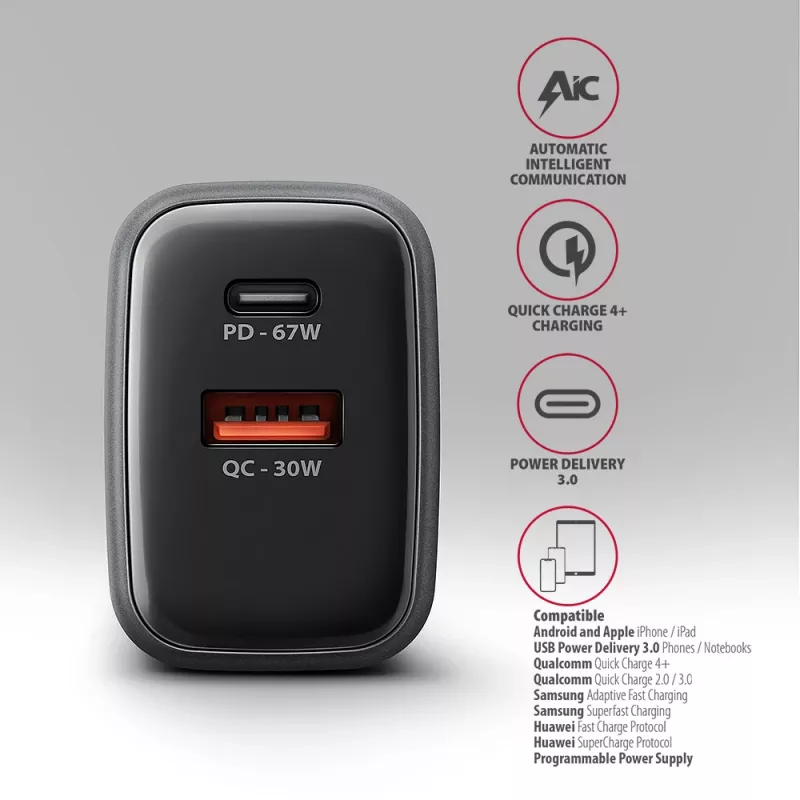 Sieninis įkroviklis AXAGON ACU-PQ67, 67W, PD3.0 + QC4+, 1x USB-C + 1x USB-A, 100–240V, pilka/juoda