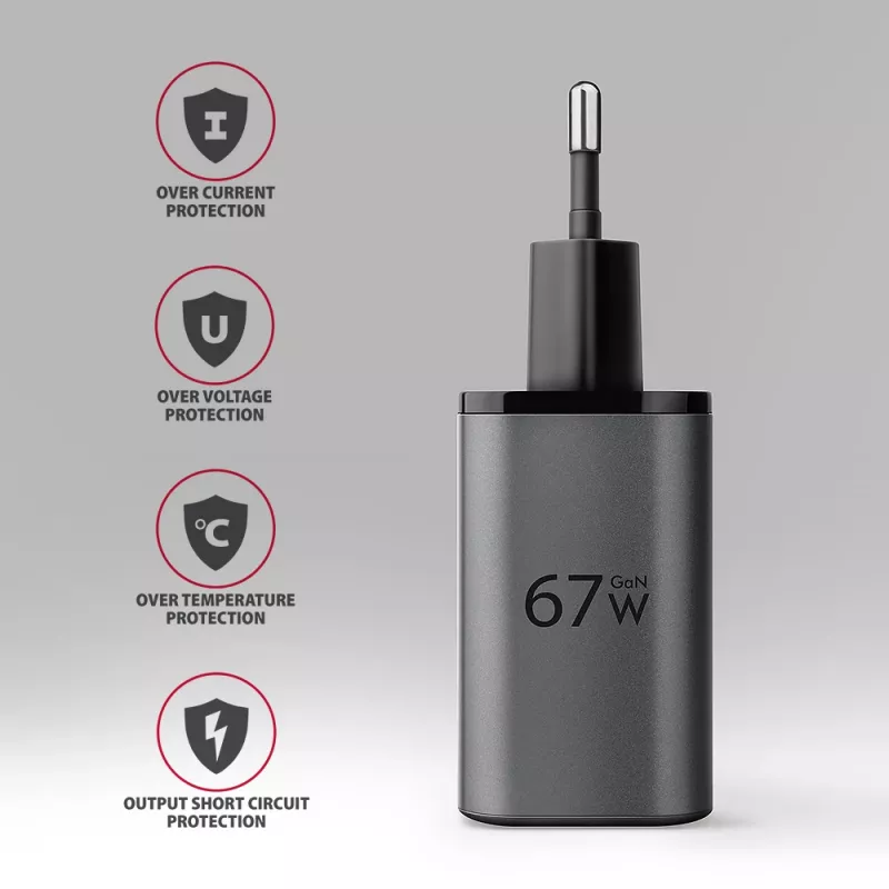 Sieninis įkroviklis AXAGON ACU-PQ67, 67W, PD3.0 + QC4+, 1x USB-C + 1x USB-A, 100–240V, pilka/juoda
