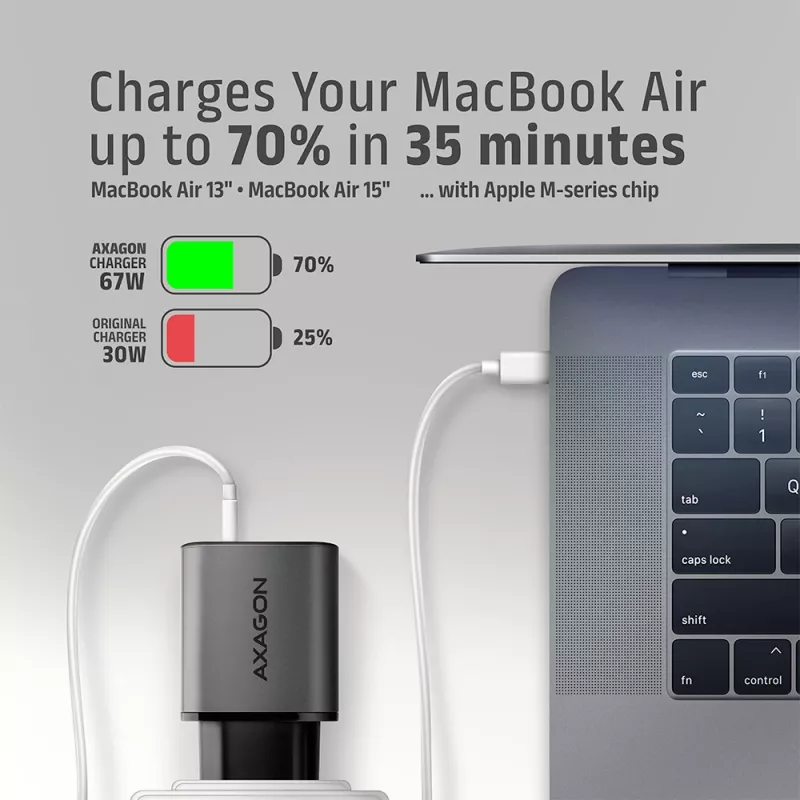 Sieninis įkroviklis AXAGON ACU-PQ67, 67W, PD3.0 + QC4+, 1x USB-C + 1x USB-A, 100–240V, pilka/juoda