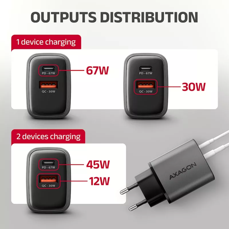 Sieninis įkroviklis AXAGON ACU-PQ67, 67W, PD3.0 + QC4+, 1x USB-C + 1x USB-A, 100–240V, pilka/juoda