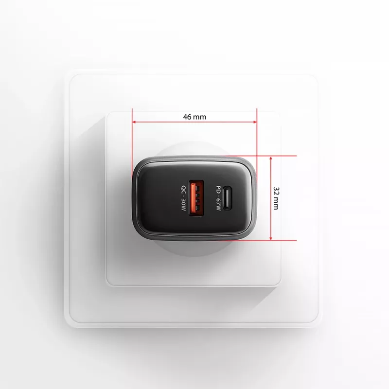 Sieninis įkroviklis AXAGON ACU-PQ67, 67W, PD3.0 + QC4+, 1x USB-C + 1x USB-A, 100–240V, pilka/juoda