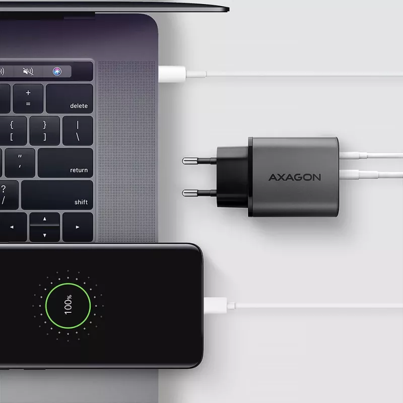 Sieninis įkroviklis AXAGON ACU-PQ67, 67W, PD3.0 + QC4+, 1x USB-C + 1x USB-A, 100–240V, pilka/juoda