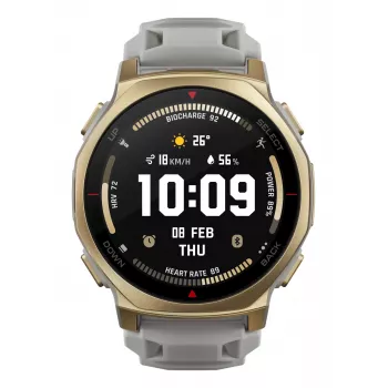 Išmanusis laikrodis Amazfit T-rex 3 Pro 44 mm, 1,32 colio AMOLED 466×466, 16 GB, 64 MB RAM, GPS, Wi‑Fi, atsparus vandeniui 45 m, auksinis korpusas, pilka silikoninė juostelė