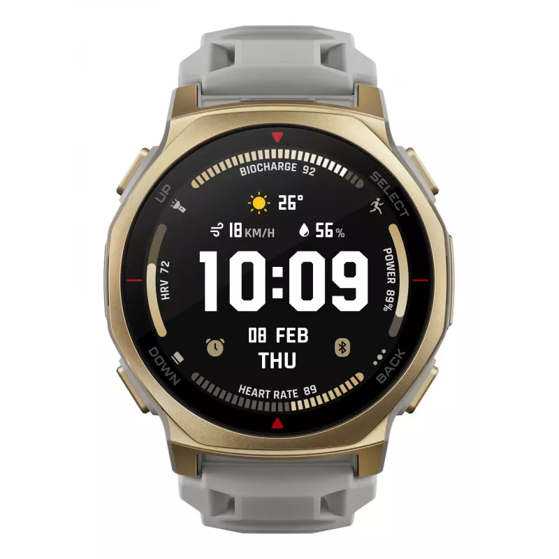 Išmanusis laikrodis Amazfit T-rex 3 Pro 44 mm, 1,32 colio AMOLED 466×466, 16 GB, 64 MB RAM, GPS, Wi‑Fi, atsparus vandeniui 45 m, auksinis korpusas, pilka silikoninė juostelė