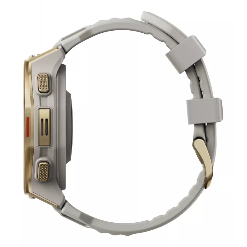 Išmanusis laikrodis Amazfit T-rex 3 Pro 44 mm, 1,32 colio AMOLED 466×466, 16 GB, 64 MB RAM, GPS, Wi‑Fi, atsparus vandeniui 45 m, auksinis korpusas, pilka silikoninė juostelė