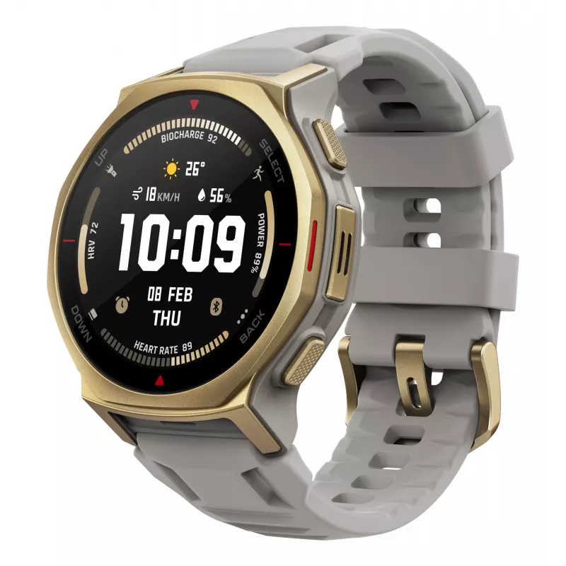 Išmanusis laikrodis Amazfit T-rex 3 Pro 44 mm, 1,32 colio AMOLED 466×466, 16 GB, 64 MB RAM, GPS, Wi‑Fi, atsparus vandeniui 45 m, auksinis korpusas, pilka silikoninė juostelė