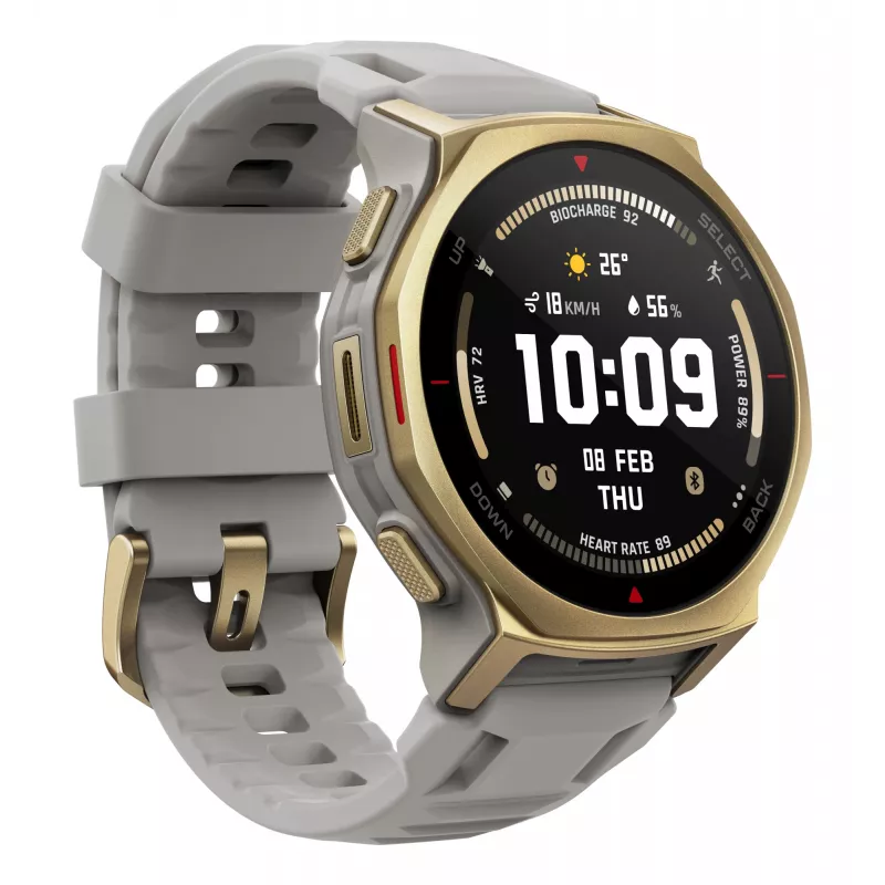 Išmanusis laikrodis Amazfit T-rex 3 Pro 44 mm, 1,32 colio AMOLED 466×466, 16 GB, 64 MB RAM, GPS, Wi‑Fi, atsparus vandeniui 45 m, auksinis korpusas, pilka silikoninė juostelė