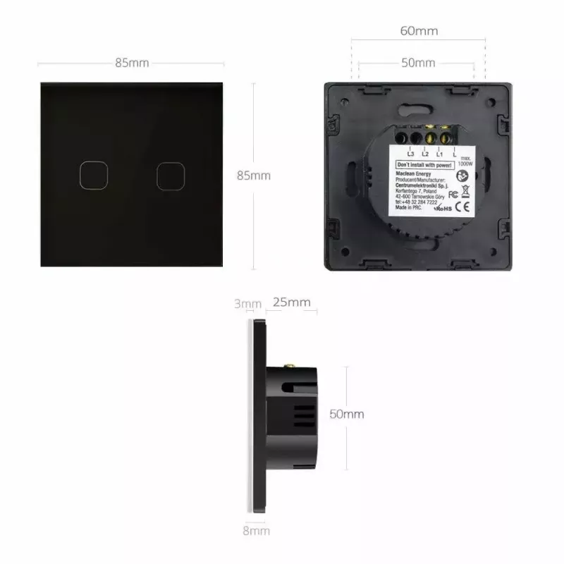 Wall light switch MACLEAN MCE701B single touch, single-gang, surface-mounted