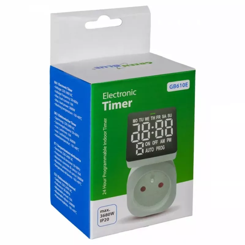 Skaitmeninis laikmačio jungiklis GreenBlue GB610E, maks. apkrova 16 A, IP20, programuojami įjungimo/išjungimo ciklai