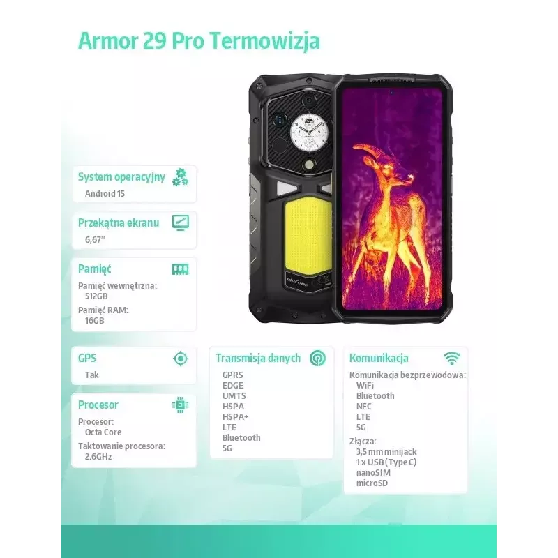 UleFone Smartphone Armor 29 Pro Thermal 5G 16/512GB patikimas išmanusis telefonas su termine kamera, 16GB RAM, 512GB atmintis