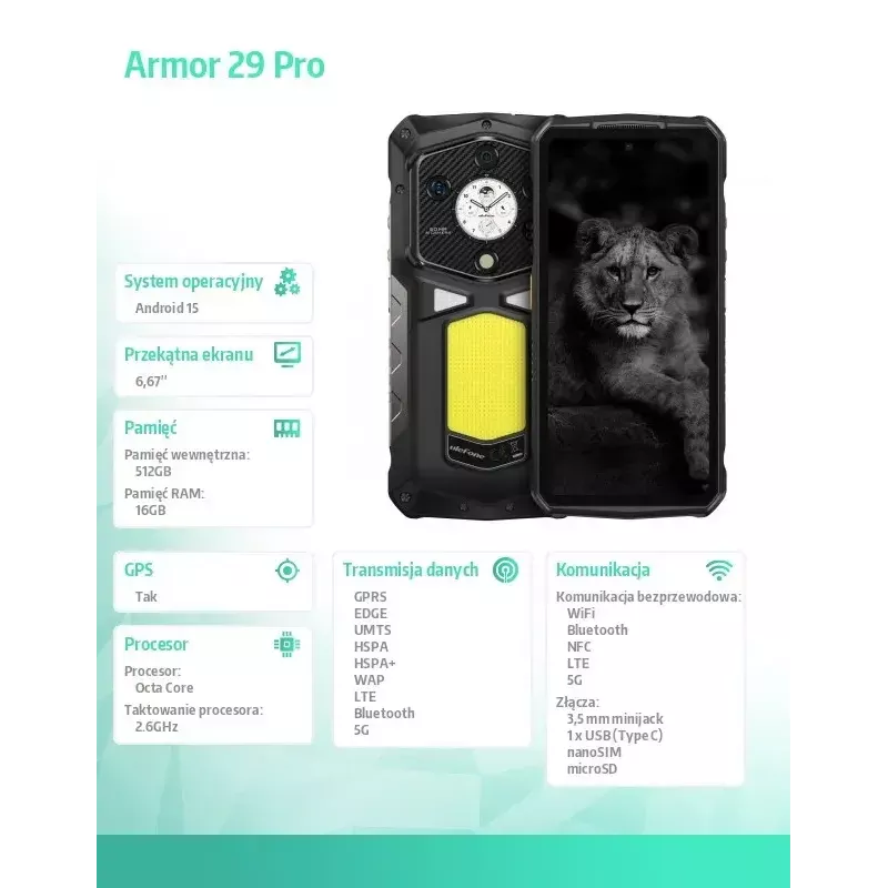 Išmanusis telefonas UleFone Armor 29 Pro 5G 16/512GB juodas, tvirtas 5G, 16 GB RAM, 512 GB atminties
