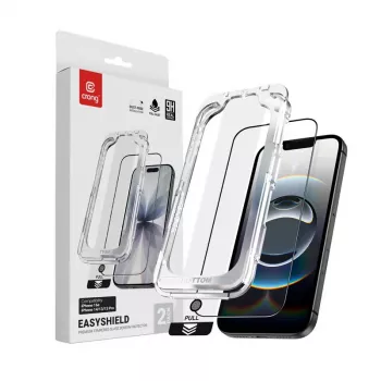 Grūdinto stiklo ekrano apsauga Crong EasyShield 2 vnt. Full Glue, skirta iPhone 16e / iPhone 14 / iPhone 13 / iPhone 13 Pro, aliumosilikatinis stiklas, blizgus