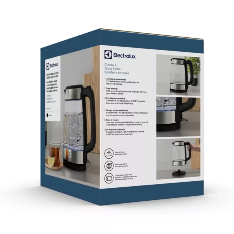 Electrolux E4GK1-4GB elektrinis virdulys 1,7 L 2200 W Juoda, Nerūdijantis plienas, Skaidrus