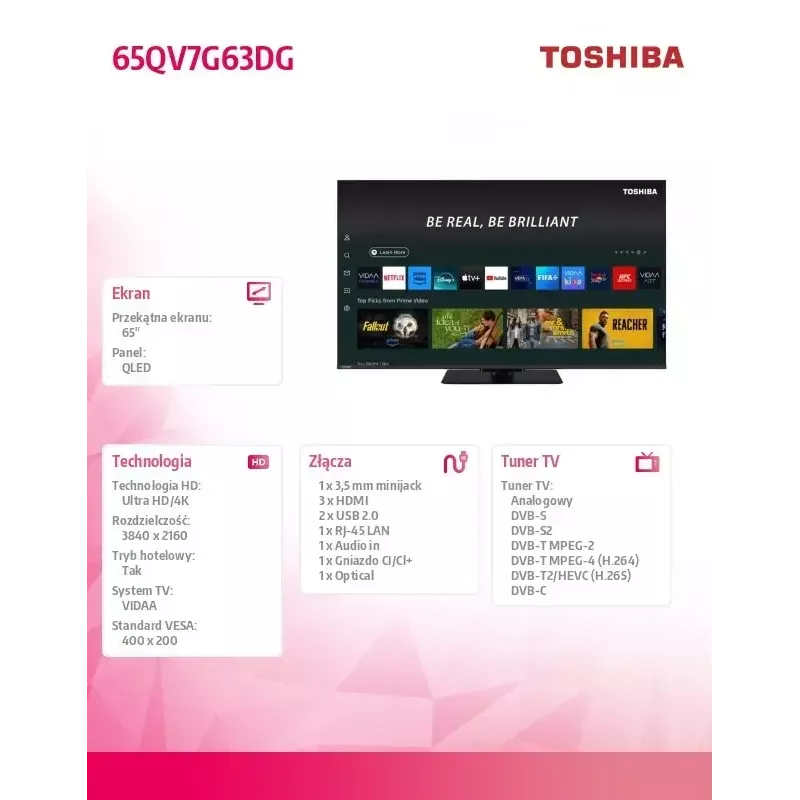 Toshiba 65 colių QLED televizorius 65QV7G63DG, 65 colių ekranas