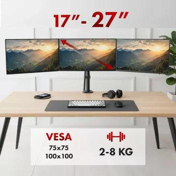 Monitoriaus laikiklis MACLEAN MC-137 — dujinis spyruoklinis mechanizmas, skirtas 3 monitoriams nuo 17 iki 27 colių, po 2–8 kg, juodas