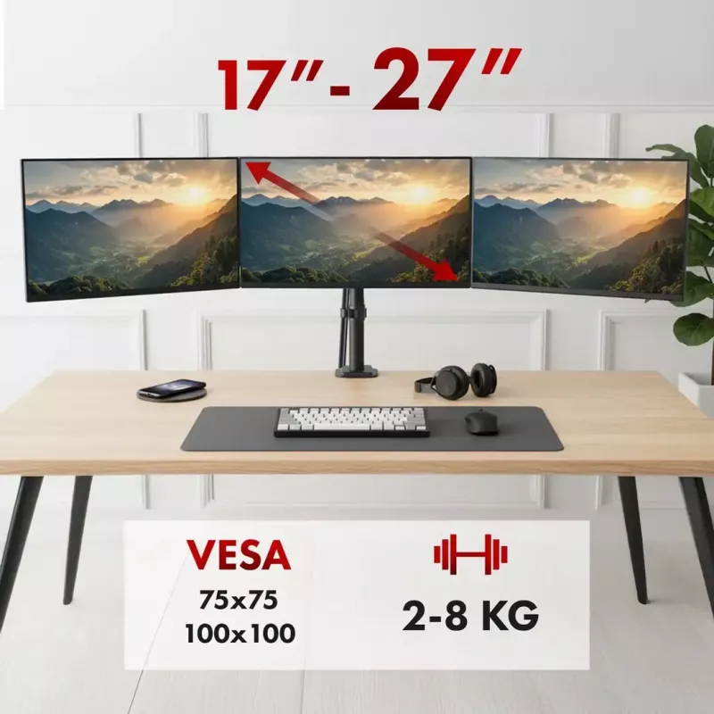 Monitoriaus laikiklis MACLEAN MC-137 — dujinis spyruoklinis mechanizmas, skirtas 3 monitoriams nuo 17 iki 27 colių, po 2–8 kg, juodas