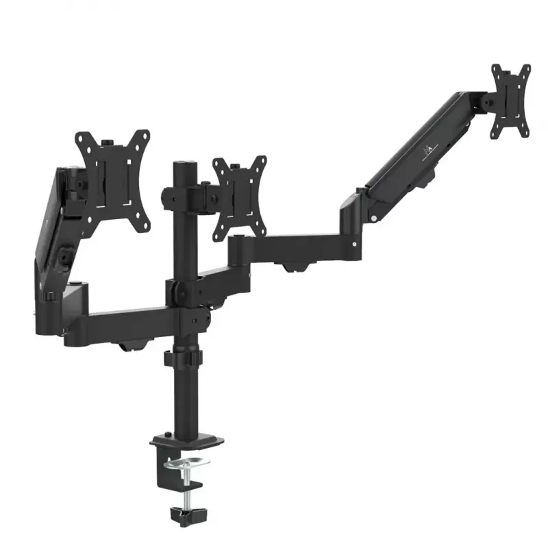 Monitoriaus laikiklis MACLEAN MC-137 — dujinis spyruoklinis mechanizmas, skirtas 3 monitoriams nuo 17 iki 27 colių, po 2–8 kg, juodas