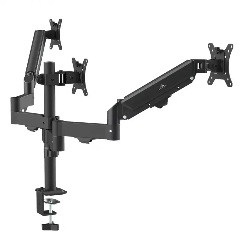 Monitoriaus laikiklis MACLEAN MC-137 — dujinis spyruoklinis mechanizmas, skirtas 3 monitoriams nuo 17 iki 27 colių, po 2–8 kg, juodas