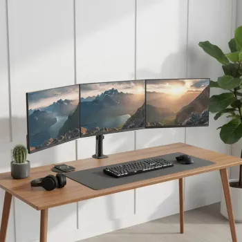Monitoriaus laikiklis MACLEAN MC-137 — dujinis spyruoklinis mechanizmas, skirtas 3 monitoriams nuo 17 iki 27 colių, po 2–8 kg, juodas
