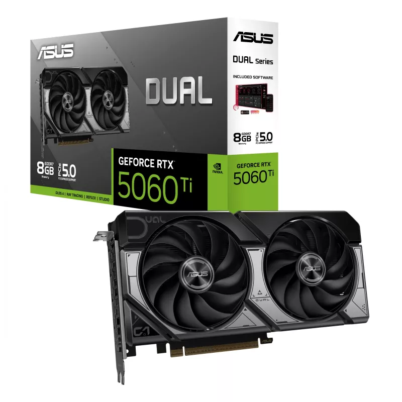 Vaizdo plokštė ASUS GeForce RTX 5060 Ti Dual — 8 GB GDDR7, 128 bitų, PCIe 5.0, aktyvus aušinimas (2 ventiliatoriai), maks. 7680×4320