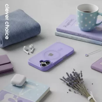 “Crong Hybrid Matte Magnetic” magnetinis MagSafe dėklas “iPhone 17” — permatomas levandų spalvos, PC+TPU