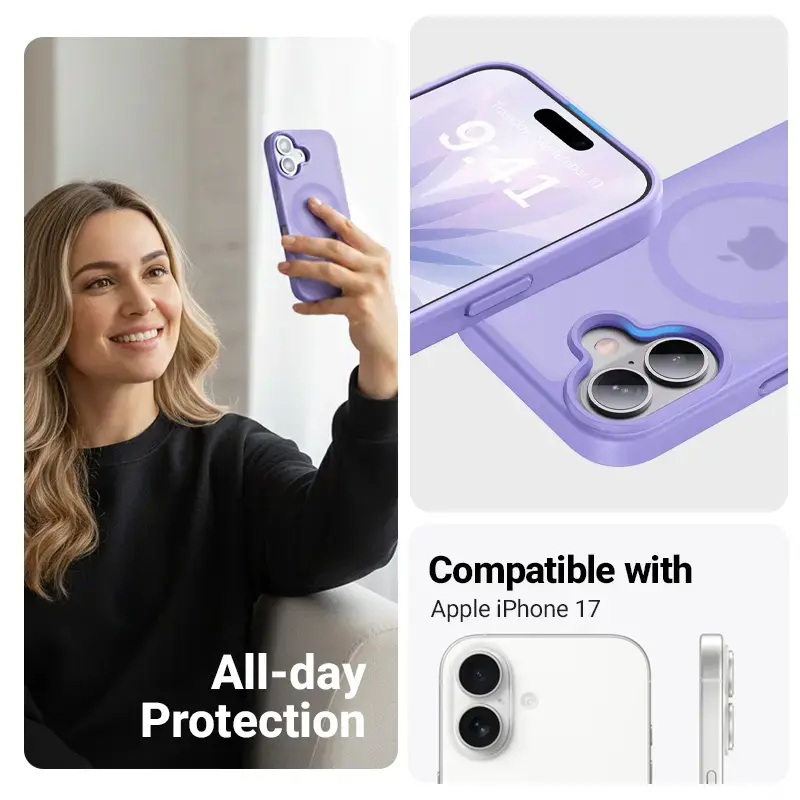“Crong Hybrid Matte Magnetic” magnetinis MagSafe dėklas “iPhone 17” — permatomas levandų spalvos, PC+TPU