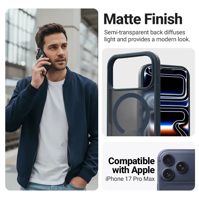 Crong Hybrid Matte Magnetic MagSafe dėklas, skirtas iPhone 17 Pro Max — PC+TPU, permatomas tamsiai mėlynas