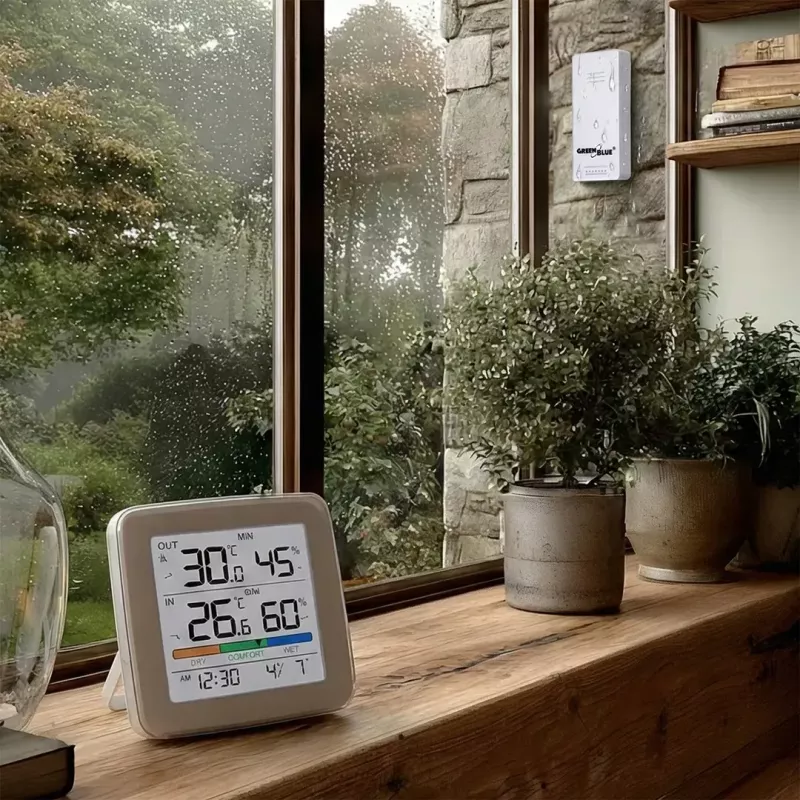 Belaidė meteorologinė stotelė GreenBlue GB169 – temperatūra ir drėgmė patalpoje bei lauke, laikrodis, žadintuvas, veikimo nuotolis iki 60 m, galimybė pasirinkti °C/°F